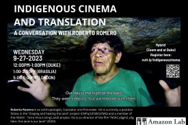 image from a film showing an indigenous Amazonian man with black hair and brown skin, holding his hands apart and up, wearing a green t-shirt, talking, with the caption &amp;amp;quot;Our day is the night of the bats! They were sleeping, but we messed with them.&amp;amp;quot; - Event text overlaid on top of the photo.